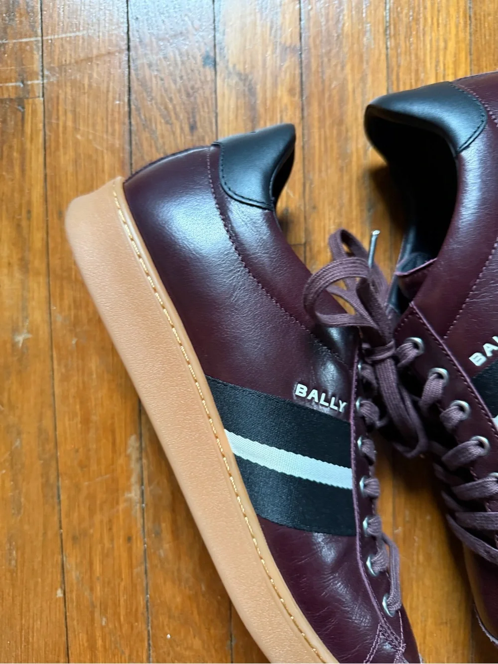 Bally Men's Burgundy and Black Leather Sneakers with Cream Stripe